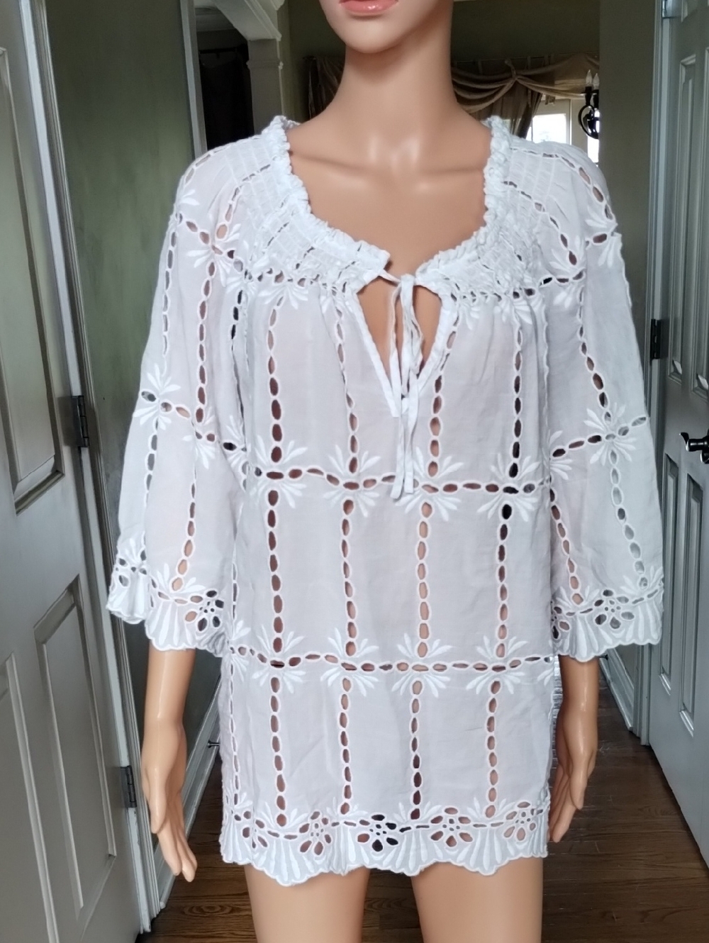 White Eyelet Tie-Neck Tunic